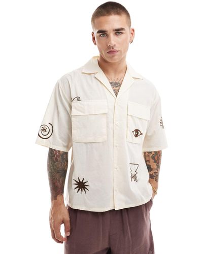 Only & Sons Revere Collar Shirt With Doodle Print - Natural