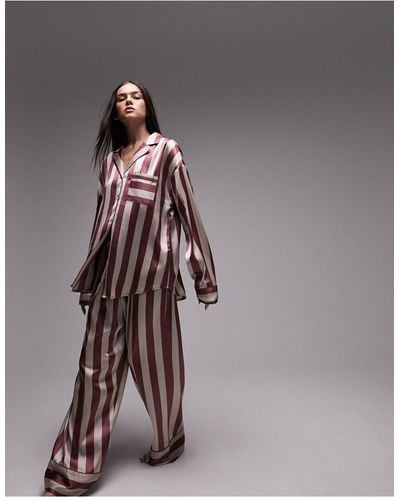 TOPSHOP Satin Humbug Stripe Print Shirt And Trouser Pyjama Set - Brown