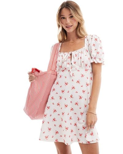 Miss Selfridge Square Neck Mini Tea Dress With Puff Sleeve - White