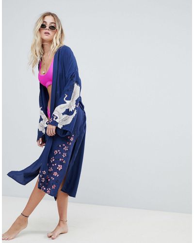 Billabong – Strand-Kimono mit Vogel-Print - Blau