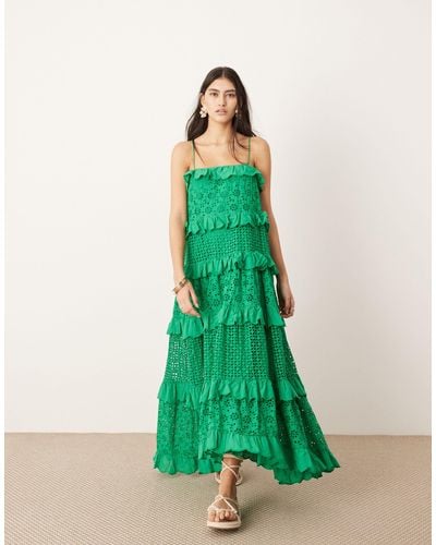 ASOS Strappy Broderie Trapeze Tiered Maxi Dress - Green