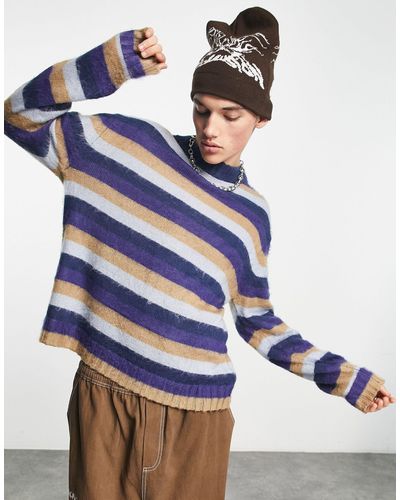 Collusion Knitted Brushed Striped Jumper - Blue