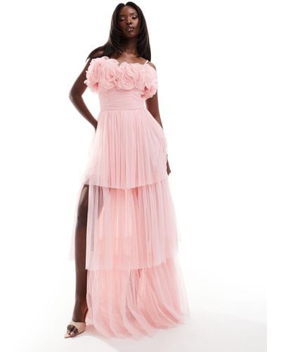 LACE & BEADS Corsage Tulle Maxi Dress - Pink