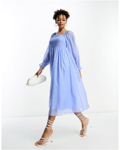 Y.A.S Aangerimpelde Midi-jurk Met Gesmokt Lijfje - Blauw