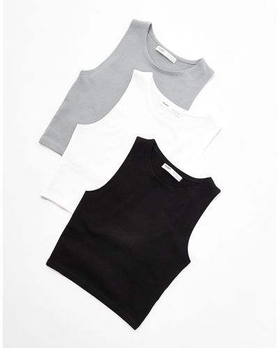 Pull&Bear 3 Pack Ribbed Racer Neck Cropped Top - Black