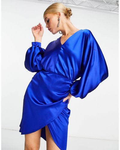 Flounce London Satin Draped Front Mini Dress - Blue