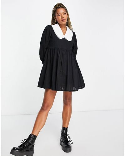 Daisy Street Long Sleeve Mini Smock Dress With Contrast Collar - Black