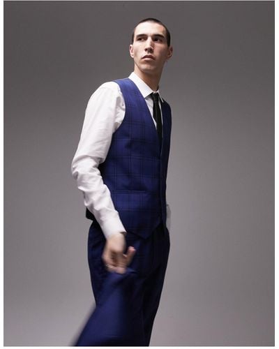 TOPMAN Checked Suit Waistcoat - Blue
