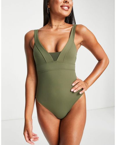 Accessorize Plunge Front With Mesh Insert Swimsuit - Green