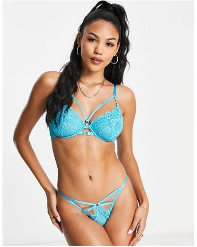 Wolf & Whistle X Megan Lace Non Padded Plunge Bra With Strapping Detail - Blue