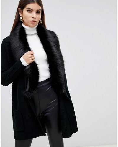 Lipsy Heavy Cardigan With Faux Fur Collar In Black