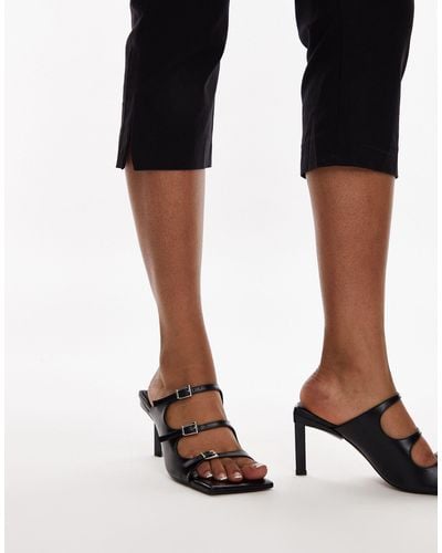 TOPSHOP Gloria Premium Leather Square Toe High Heeled Sandals With Buckle Detail - Black
