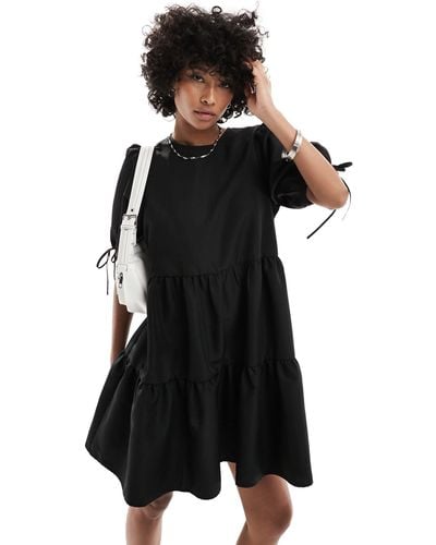 Monki Short Sleeve Mini Tiered Dress With Bow Detail - Black