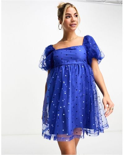 Monki Heart Embroidery Puff Sleeve Mini Dress - Blue