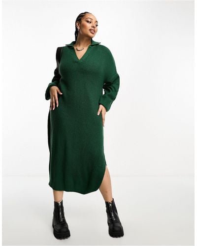 ASOS Asos Design Curve Knitted Maxi Dress With Open Collar - Green