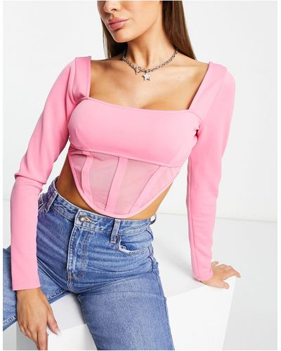 AsYou Long Sleeve Corset Top With Mesh - Pink
