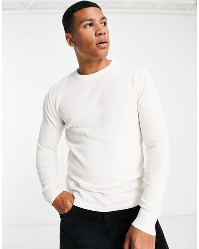SELECTED Knitted Jumper With Textured Stripe - White
