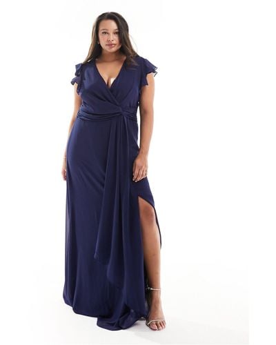 Tfnc Plus Bridesmaid Flutter Sleeve Ruffle Detail Maxi Dress - Blue