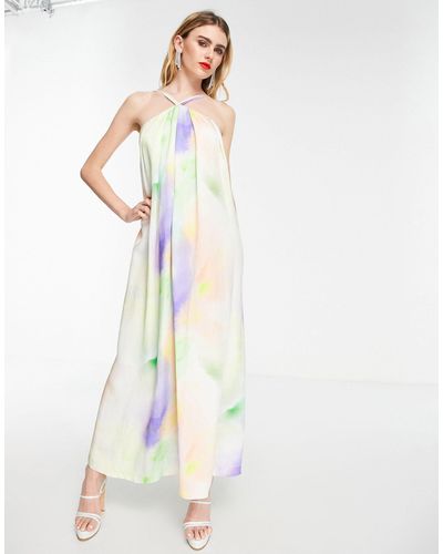ASOS Robe trapèze mi-longue en lin à dos nu et imprimé façon aquarelle - Multicolore