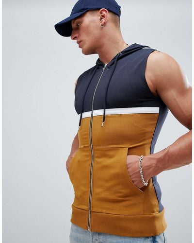 ASOS Muscle Sleeveless Zip Up Hoodie With Colour Block - Yellow