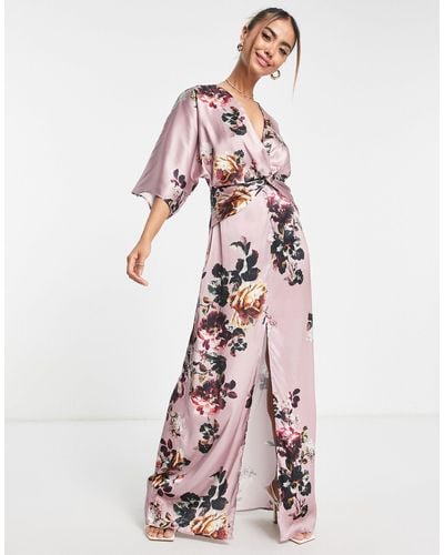 Hope & Ivy Kimono Sleeve Satin Maxi Dress - Pink