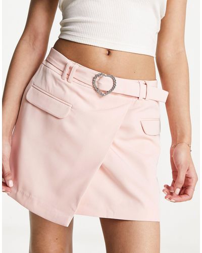 Miss Selfridge Heart Diamonte Buckle Asym Mini Skirt - Pink