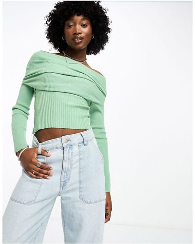 Daisy Street Off Shoulder Fitted Jumper - Green