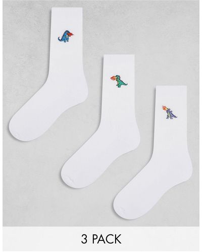 ASOS Confezione da 3 paia di calzini bianchi con dinosauri ricamati - Bianco