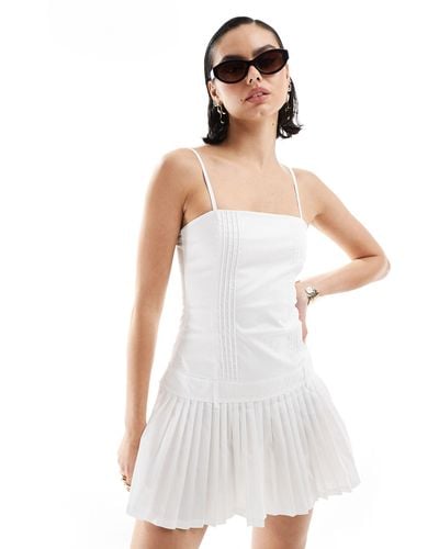 Bershka Cotton Straight Neck Pleated Mini Dress - White