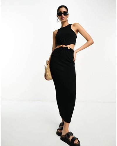 ASOS Ribbed Midi Dress With Cut Out And Stone Trim - Black
