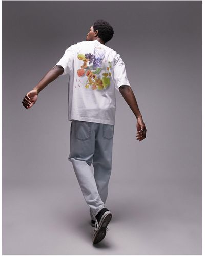 TOPMAN T-shirt super oversize bianca con stampa a fiori sul davanti e sul retro - Grigio