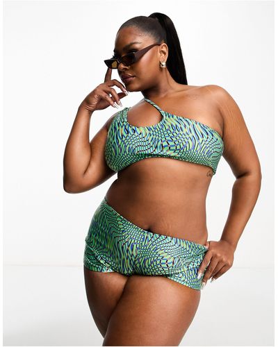 Collusion Plus - slip bikini a vita alta arricciati con stampa astratta - Verde