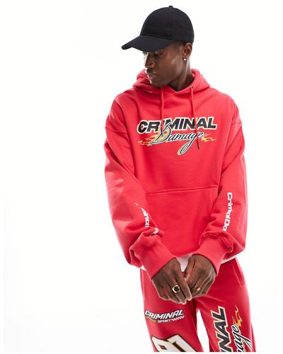 Criminal Damage Heavyweight Hoodie With Racing Graphics - Red