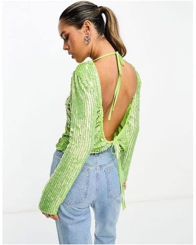 ASOS High Neck Long Sleeve Embellished Top With Split Hem & Open Back - Green