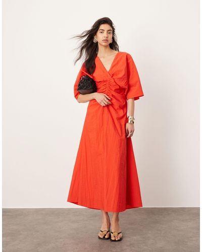 ASOS Textu Wide Sleeve Midi Dress With Ruched Waist - Red