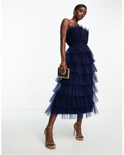 LACE & BEADS Tulle Tiered Bandeau Midi Dress - Blue