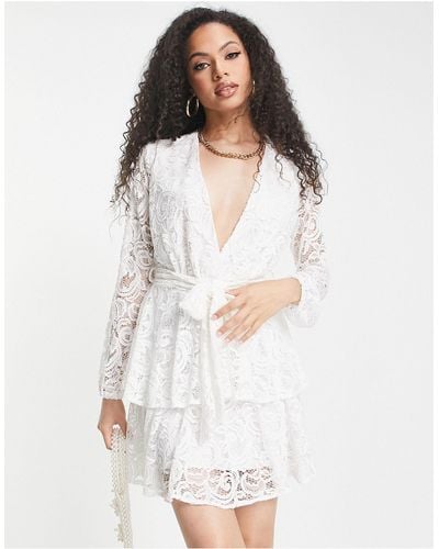 John Zack Lace Tiered Mini Dress - White