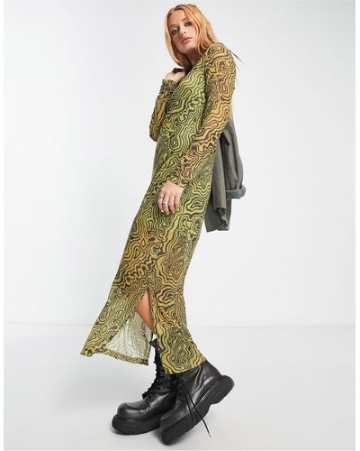 Bolongaro Trevor Swirl Print Long Sleeve Mesh Midi Dress - Green