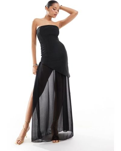 ASOS Structured Bandeau Maxi Dress With Chiffon Thigh Split Skirt - Black