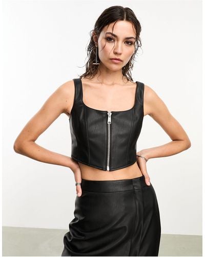 AllSaints X Asos Exclusive Odette Faux Leather Zip Through Corset Top - Black