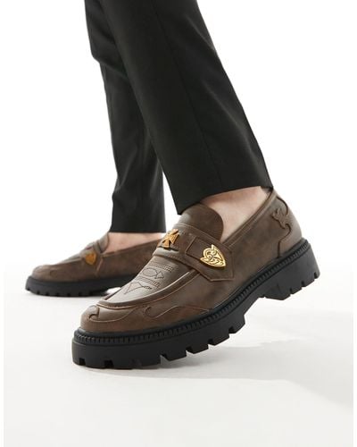 ASOS Tan Leather Loafers With Western Details - Black