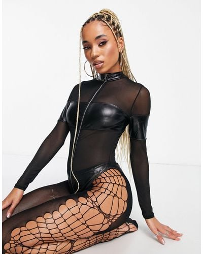 Ann Summers Riot Mesh And Pu Detail Long Sleeve Bodysuit With Zip - Black