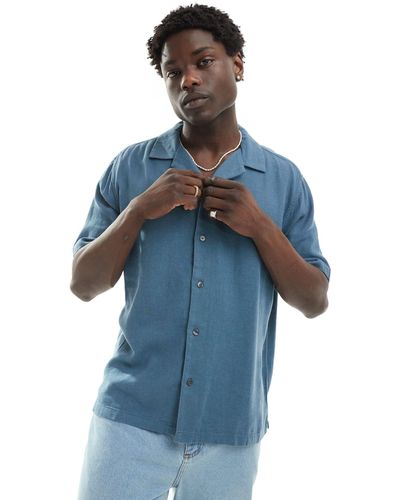 Abercrombie & Fitch Short Sleeve Revere Collar Linen Blend Shirt Relaxed Fit - Blue