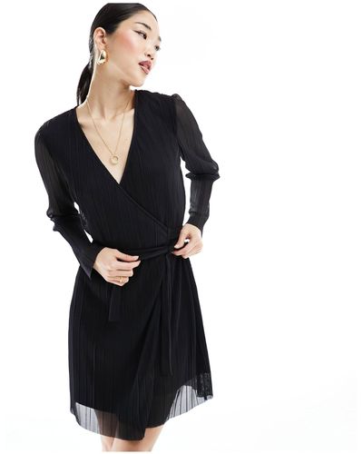 EDITED Sheer Sleeve Plisse Mini Dress - Black
