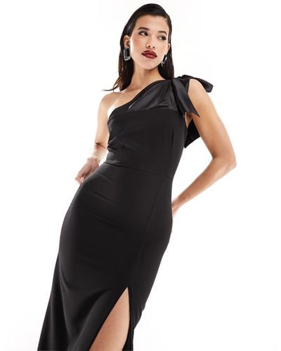 Vesper Contrast Satin Bow Thigh Spilt Maxi Dress - Black