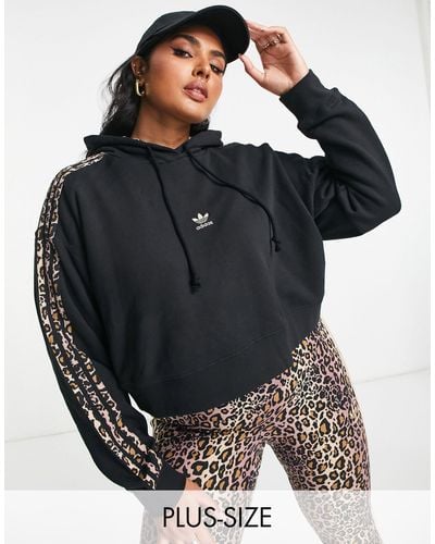 adidas Originals Plus Cropped Hoodie With Leopard Print Stripes - Black