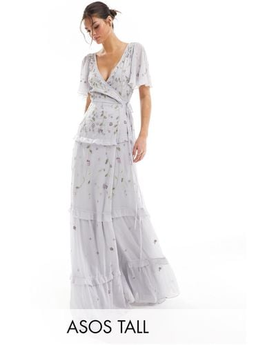ASOS Tall Bridesmaid Flutter Sleeve Embellished Wrap Maxi Dress With Embroidery - White