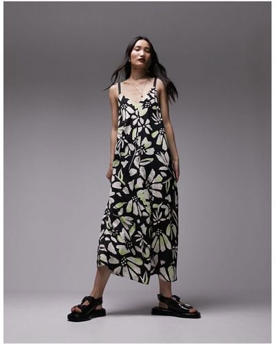 TOPSHOP Premium Viscose Twill Graphic Floral Contrast Stitch Chuck On Midi Dress - Black