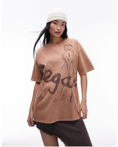 TOPSHOP Camiseta marrón extragrande con estampado gráfico artístico