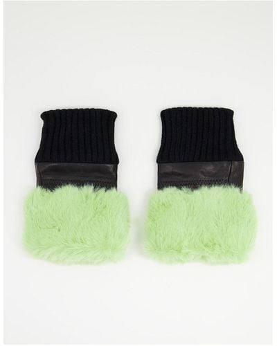 Jayley Faux Fur Trim Fingerless Leather Gloves - Green